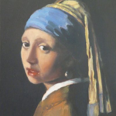 D'après Vermeer, copie partielle de La jeune fille à la perle, huile, Cécile Beaulieu 