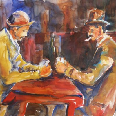 D'après Cézanne, copie de Les joueurs de cartes, aquarelle, Cécile Beaulieu
