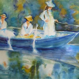 Trois jeunes filles dans une barque. Tableau de Monet, copie à l'aquarelle.