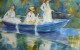 Trois jeunes filles dans une barque. Tableau de Monet, copie à l'aquarelle.